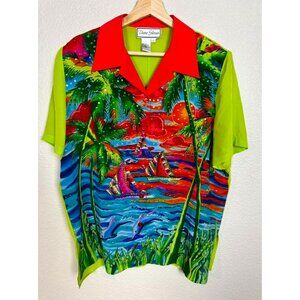 Diane Gilman Silk Blouse Top Size Large Sequin Tropical Dolphin Colorful